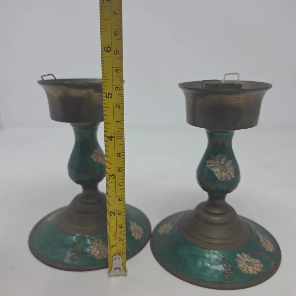 Vintage Brass Teal Green Enamel Candlestick Holders Set of 2 Pink Flowers. W